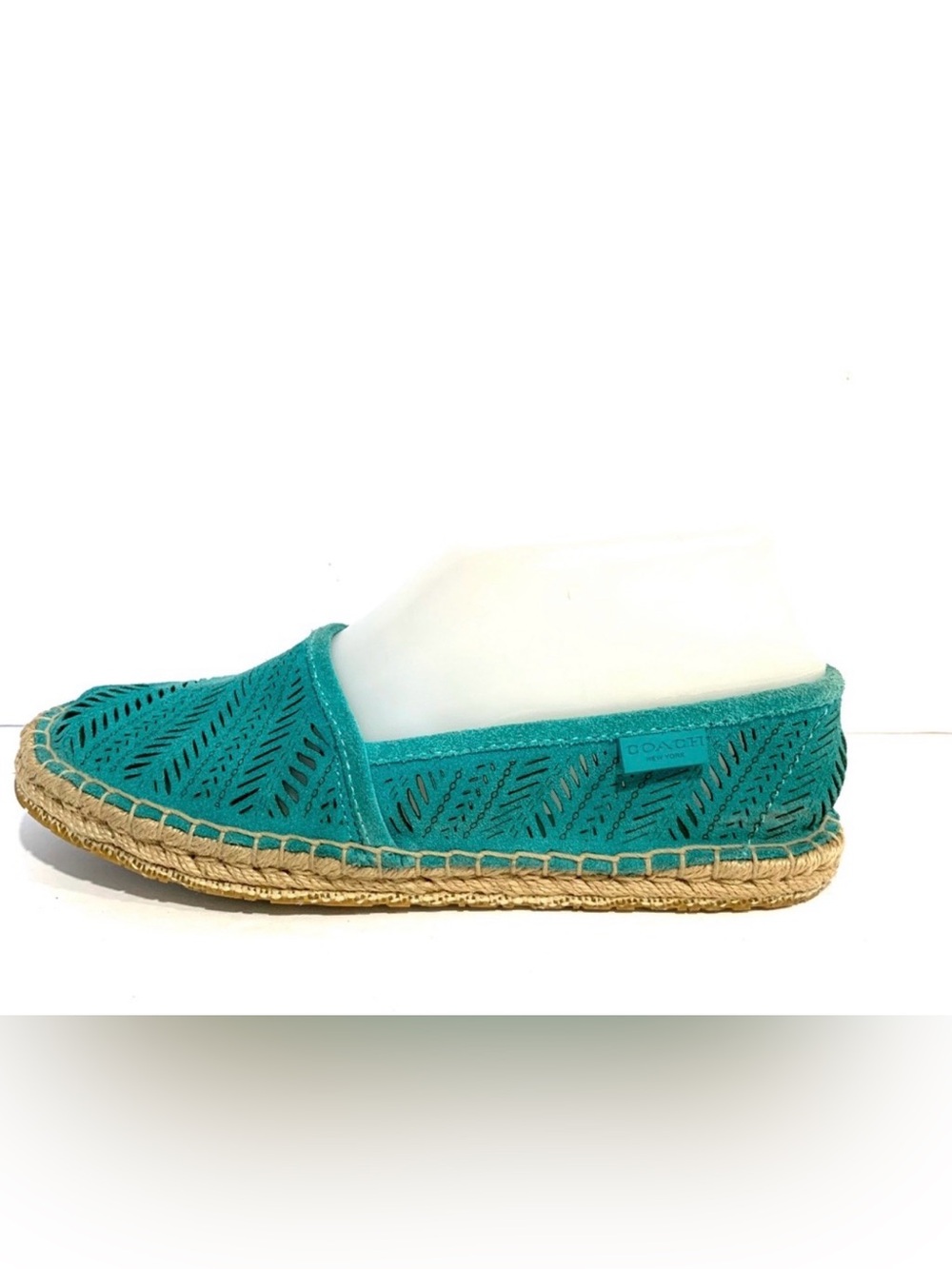 Coach Justeen Turquoise Blue Perforated Suede Whipstitched Espadrille Flats Sz 5 - Picture 10 of 15
